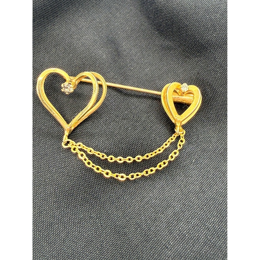 Vintage Gold Tone Double Heart Brooch Rhinestone Accents and Double‎ Chain Gift